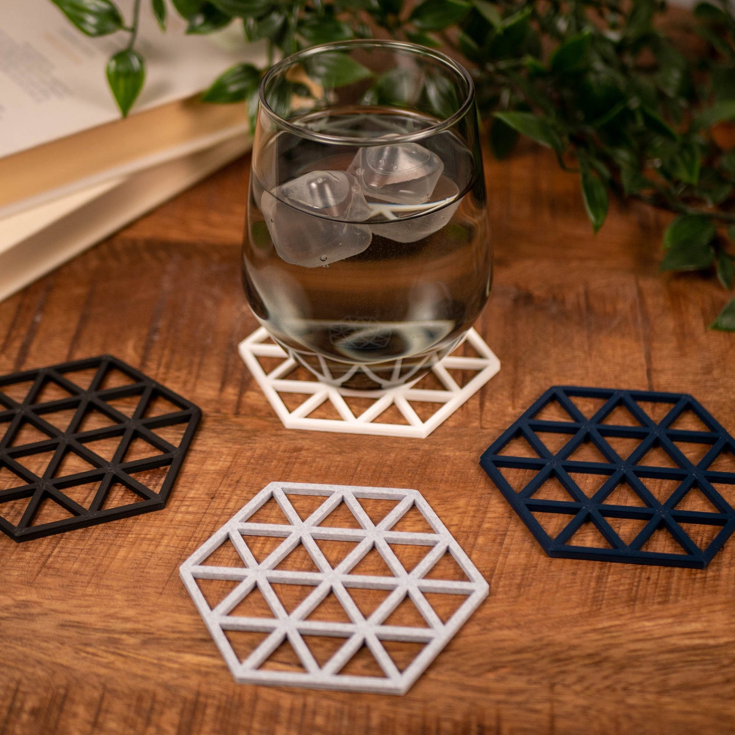Geometric Triangle Pattern Coasters 4 or 8 pack - Navy Blue, Stone, Black and White - Vantage 3D Prints
