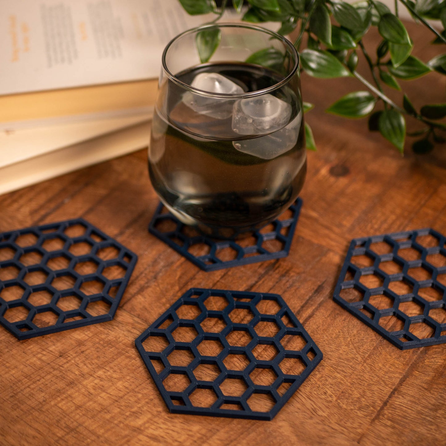 Geometric Honeycomb Pattern Coasters 4 or 8 pack - Navy Blue, Stone, Black and White - Vantage 3D Prints