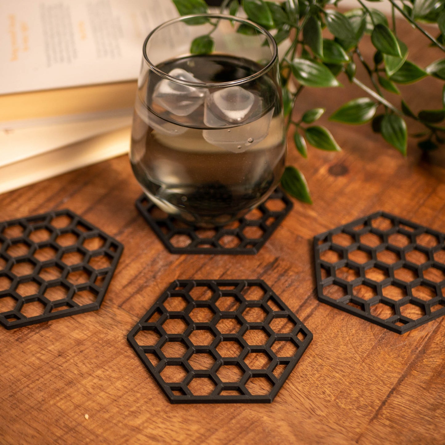 Geometric Honeycomb Pattern Coasters 4 or 8 pack - Navy Blue, Stone, Black and White - Vantage 3D Prints