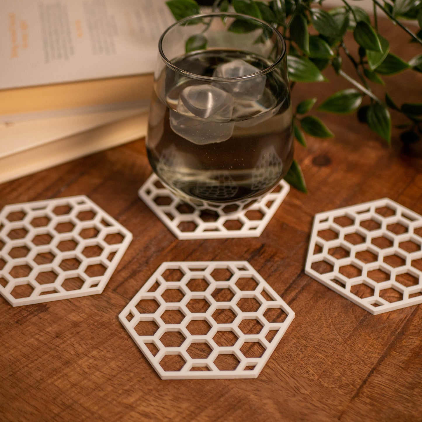 Geometric Honeycomb Pattern Coasters 4 or 8 pack - Navy Blue, Stone, Black and White - Vantage 3D Prints