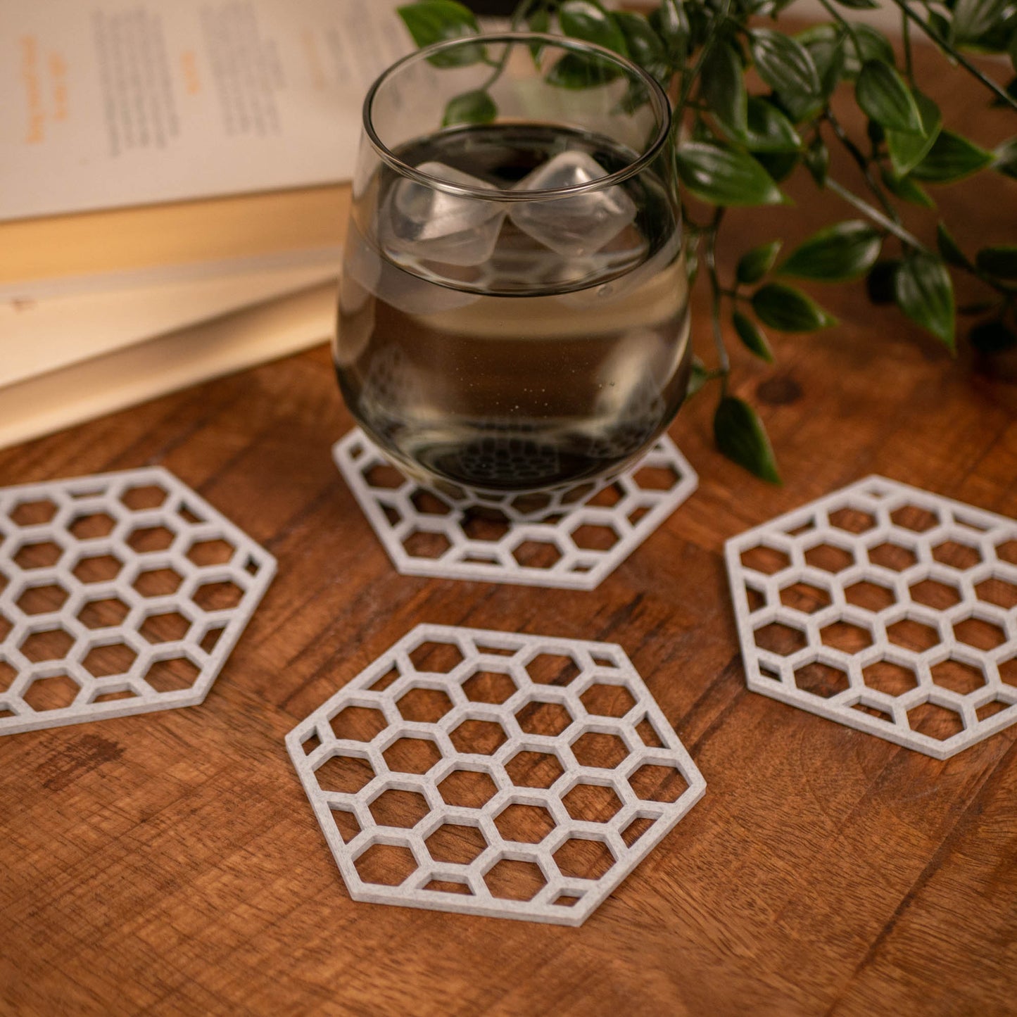 Geometric Honeycomb Pattern Coasters 4 or 8 pack - Navy Blue, Stone, Black and White - Vantage 3D Prints