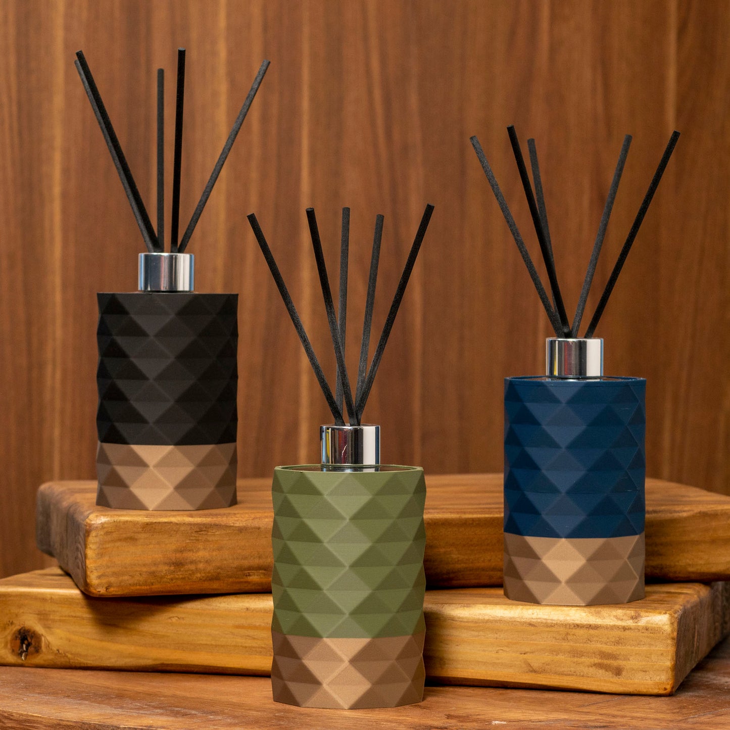 Reed Diffuser Bottle (100ml) with Diamond Pattern - Navy Blue, Sage Green, Black & Gold - Vantage 3D Prints