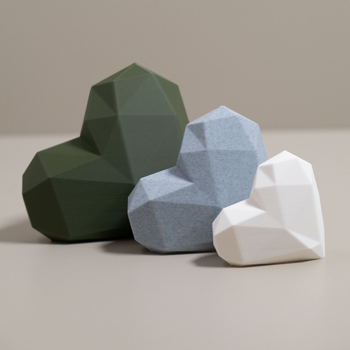 Geometric 3D Love Heart Ornaments - Olive Green, Stone Grey and White - Set of 3 Hearts