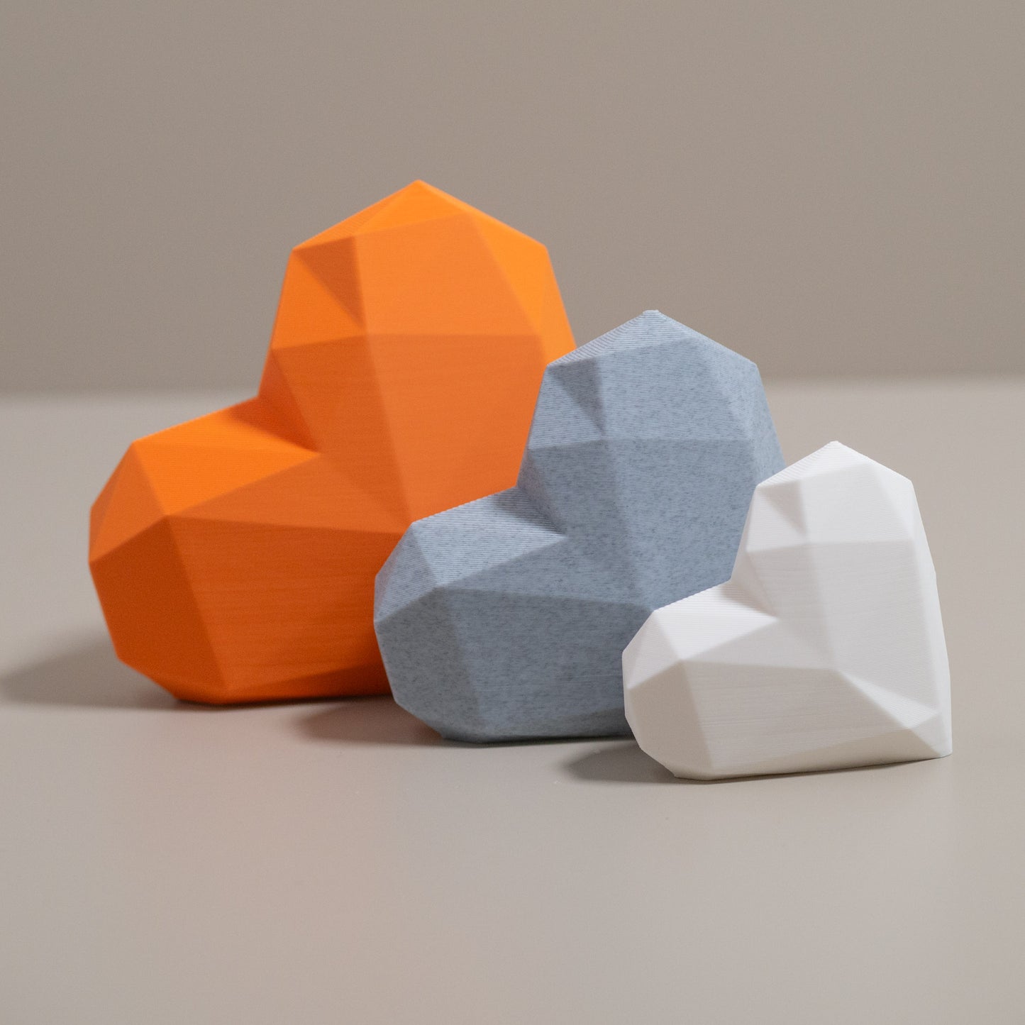 Geometric 3D Love Heart Ornaments - Orange, Stone Grey and White - Set of 3 Hearts
