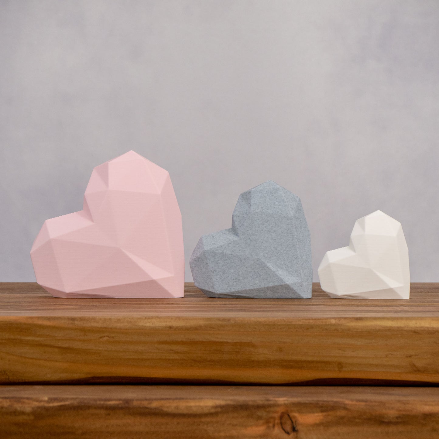 Geometric 3D Love Heart Ornaments - Pink, Stone Grey and White - Set of 3 Hearts - Vantage 3D Prints