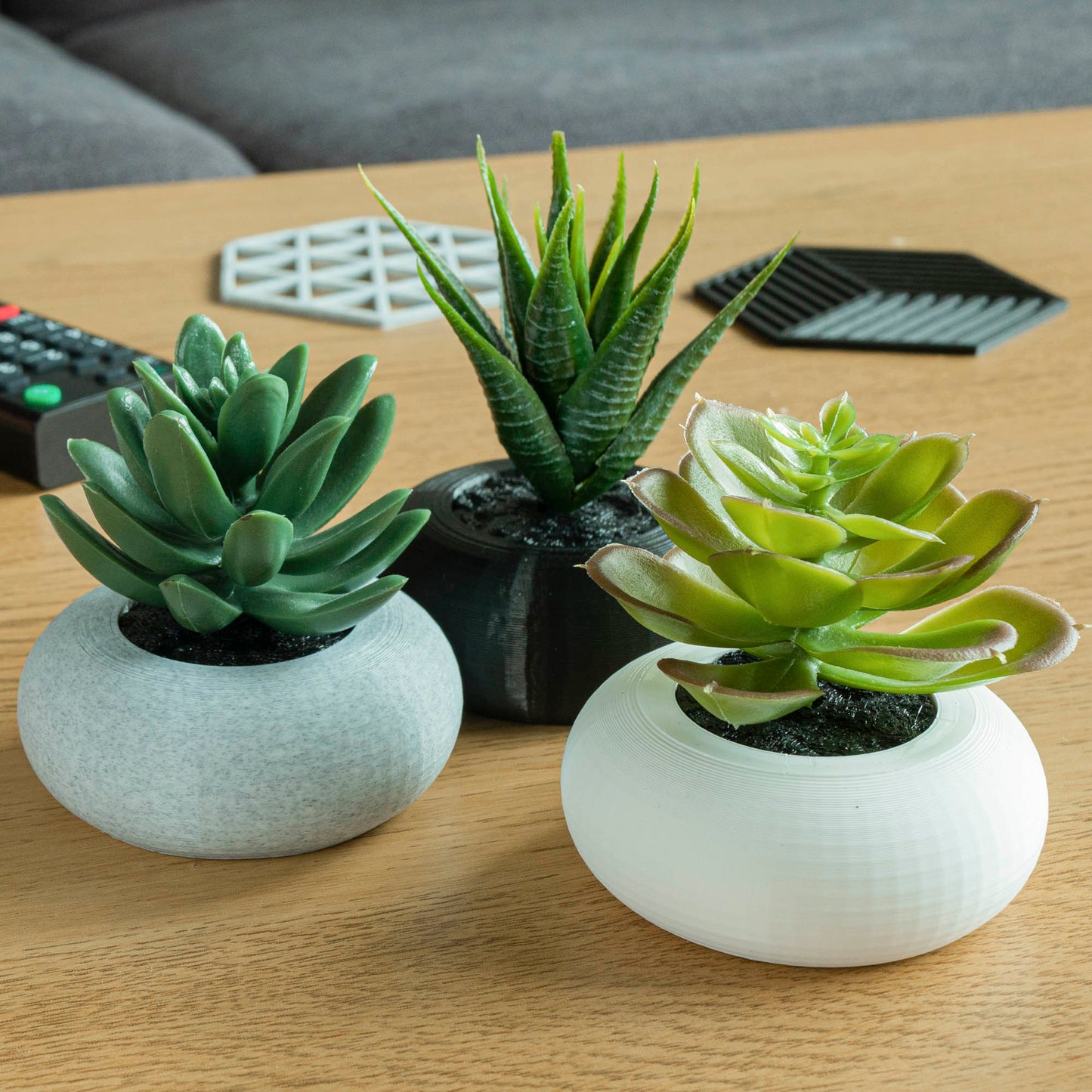 Artificial Succulent Planter - Set of 3 Circular Round - Black, Grey and White - Vantage 3D Prints