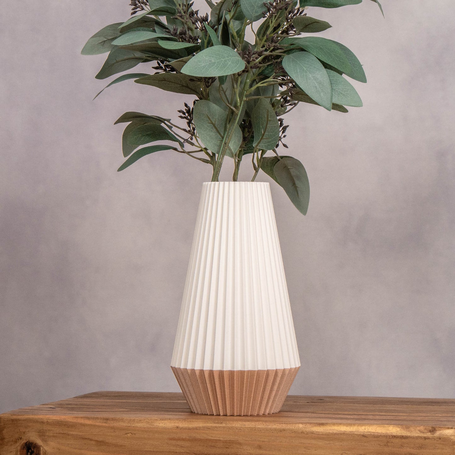 Ridged Vase in White with wood effect base for Artificial Flowers - Eco Friendly Homeware - Vantage 3D Prints