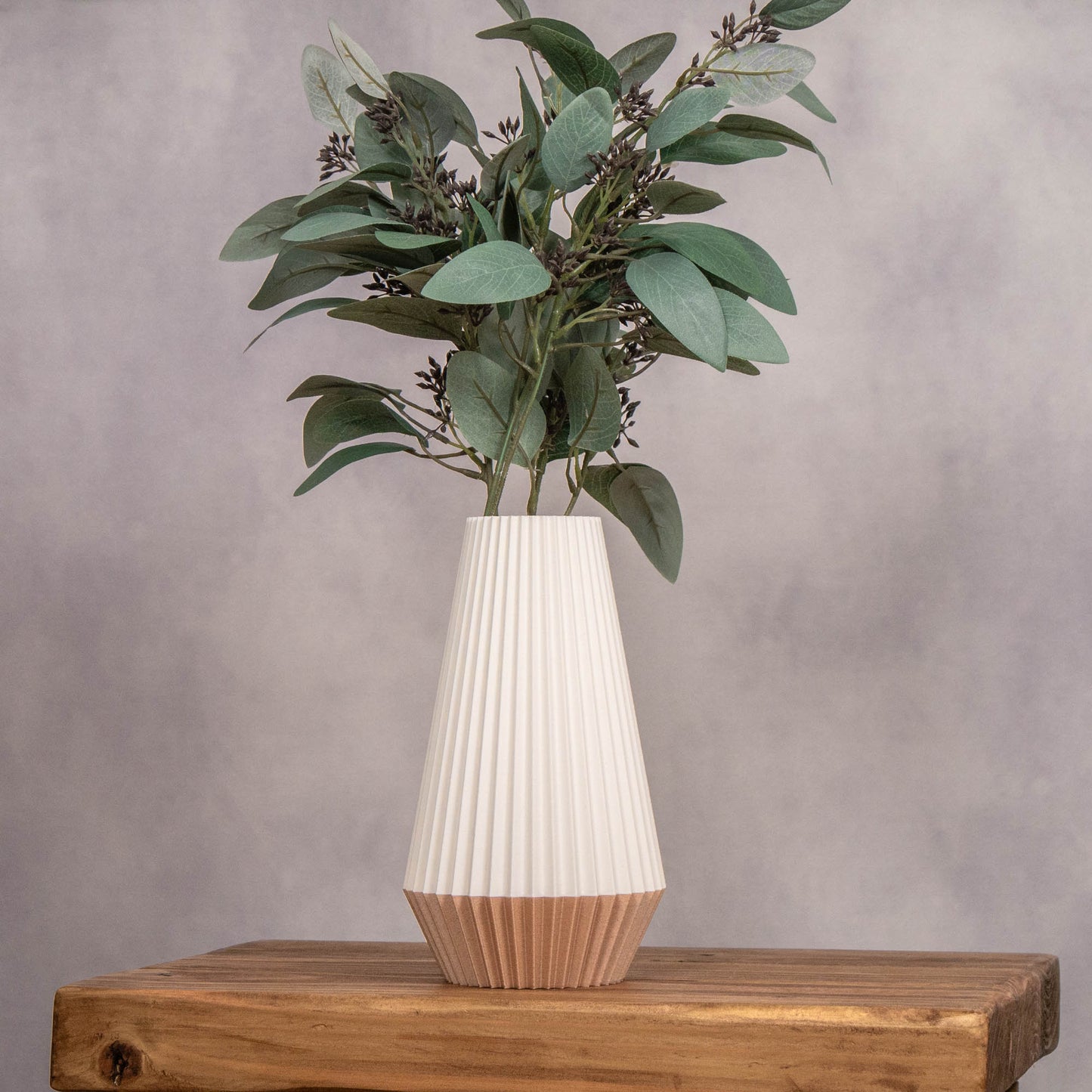 Ridged Vase in White with wood effect base for Artificial Flowers - Eco Friendly Homeware - Vantage 3D Prints