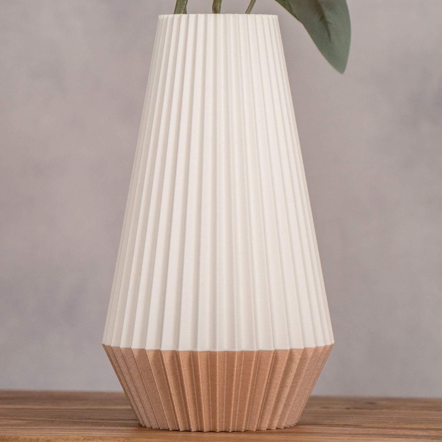 Ridged Vase in White with wood effect base for Artificial Flowers - Eco Friendly Homeware - Vantage 3D Prints