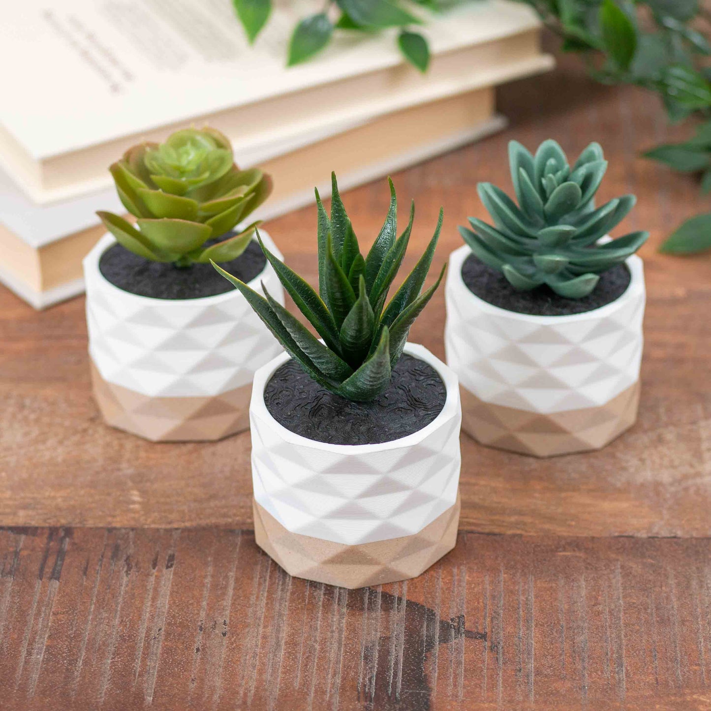 Artificial Succulent Planter - Set of 3 Diamond White and Wood Effect