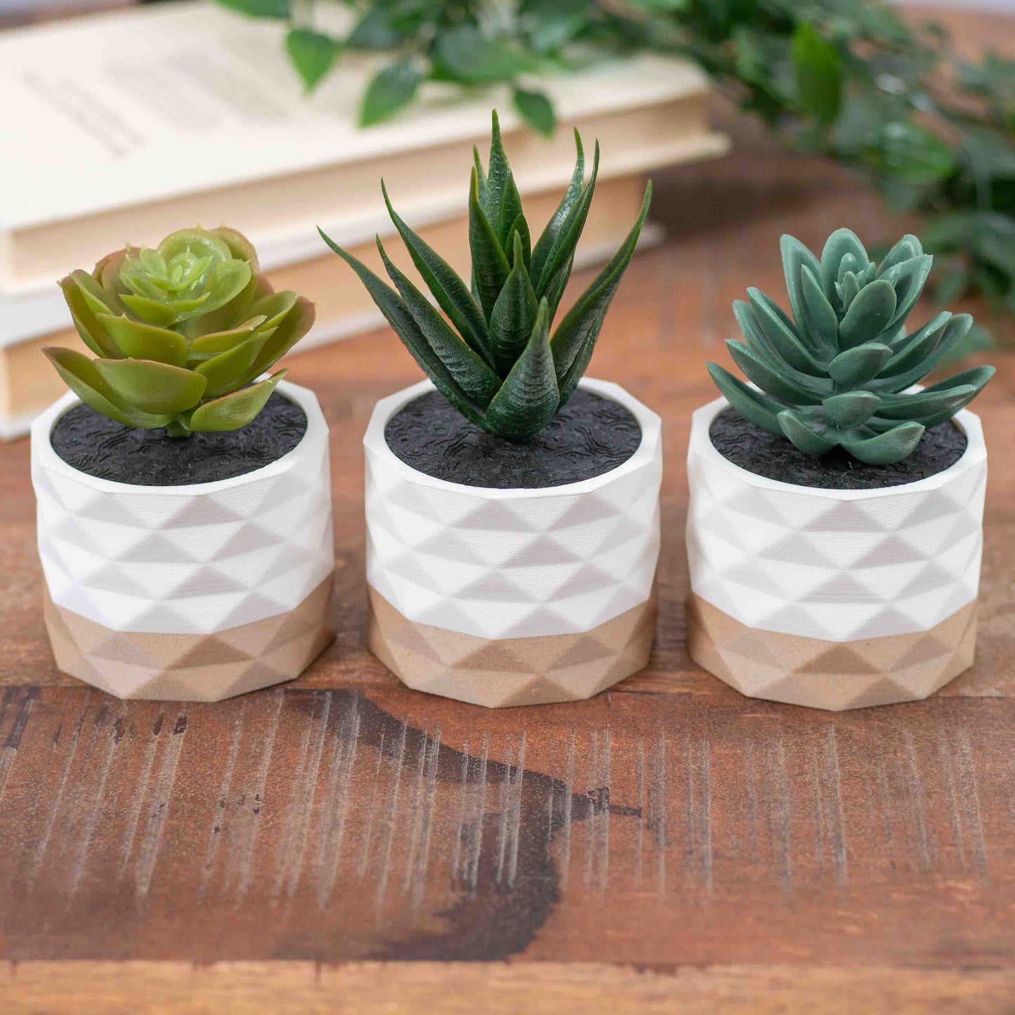 Artificial Succulent Planter - Set of 3 Diamond White and Wood Effect