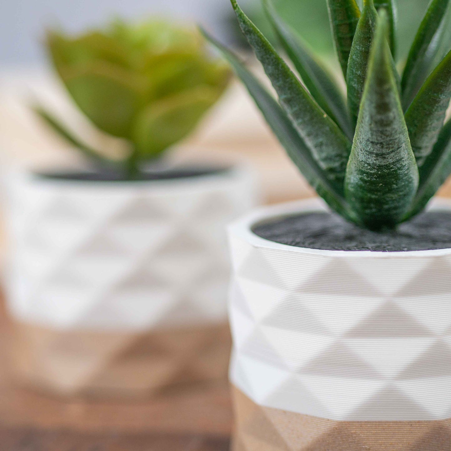 Artificial Succulent Planter - Set of 3 Diamond White and Wood Effect