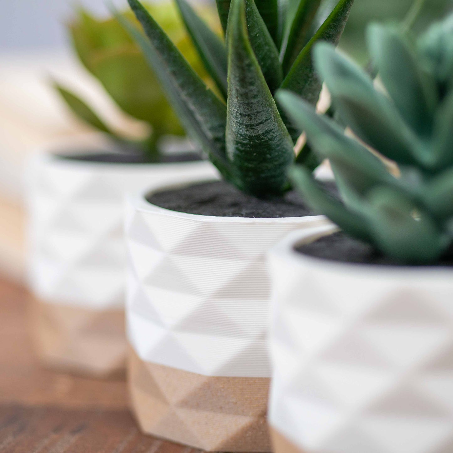 Artificial Succulent Planter - Set of 3 Diamond White and Wood Effect