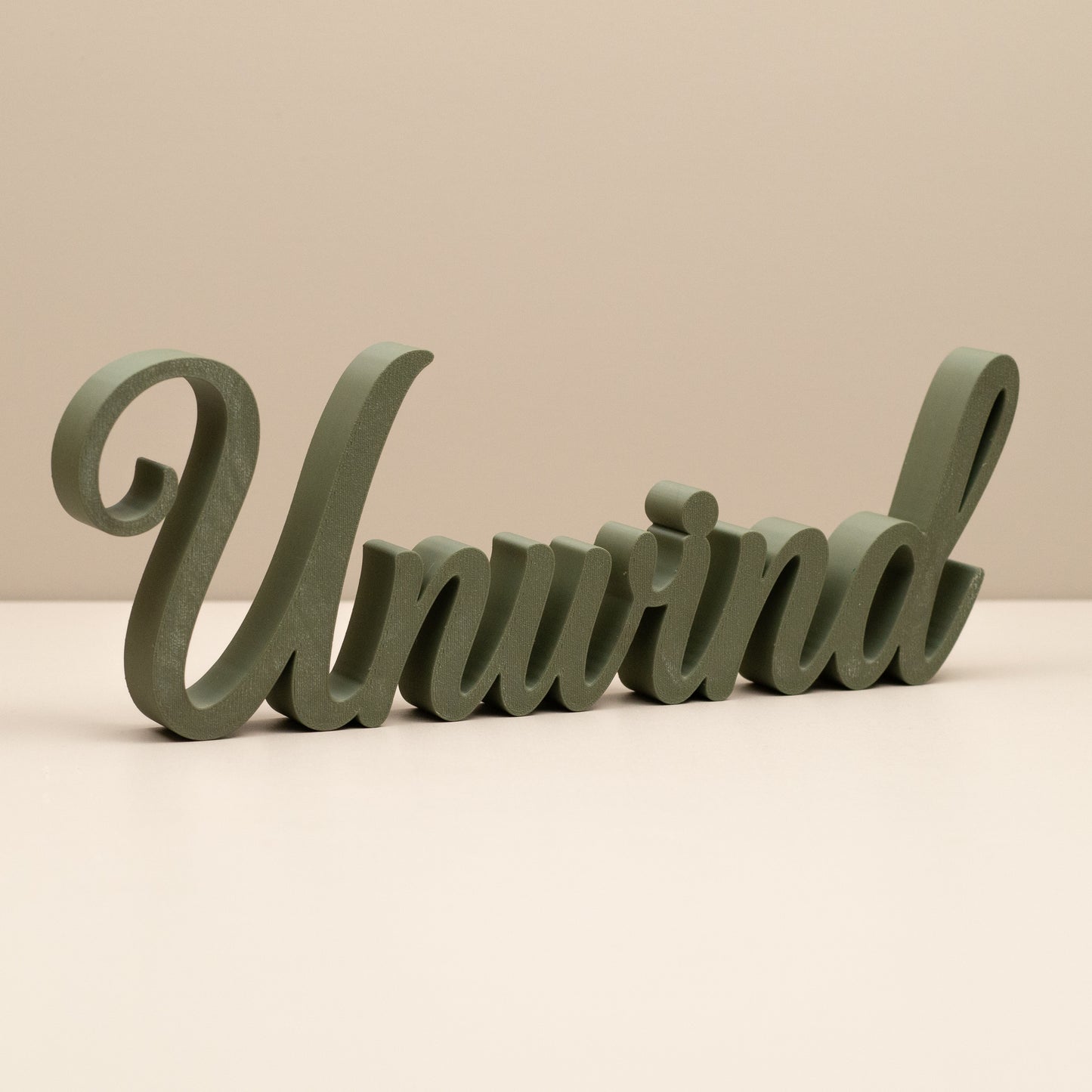 Unwind Word Ornament – Freestanding Cursive Decor for Shelf, Mantel or Living Room Display