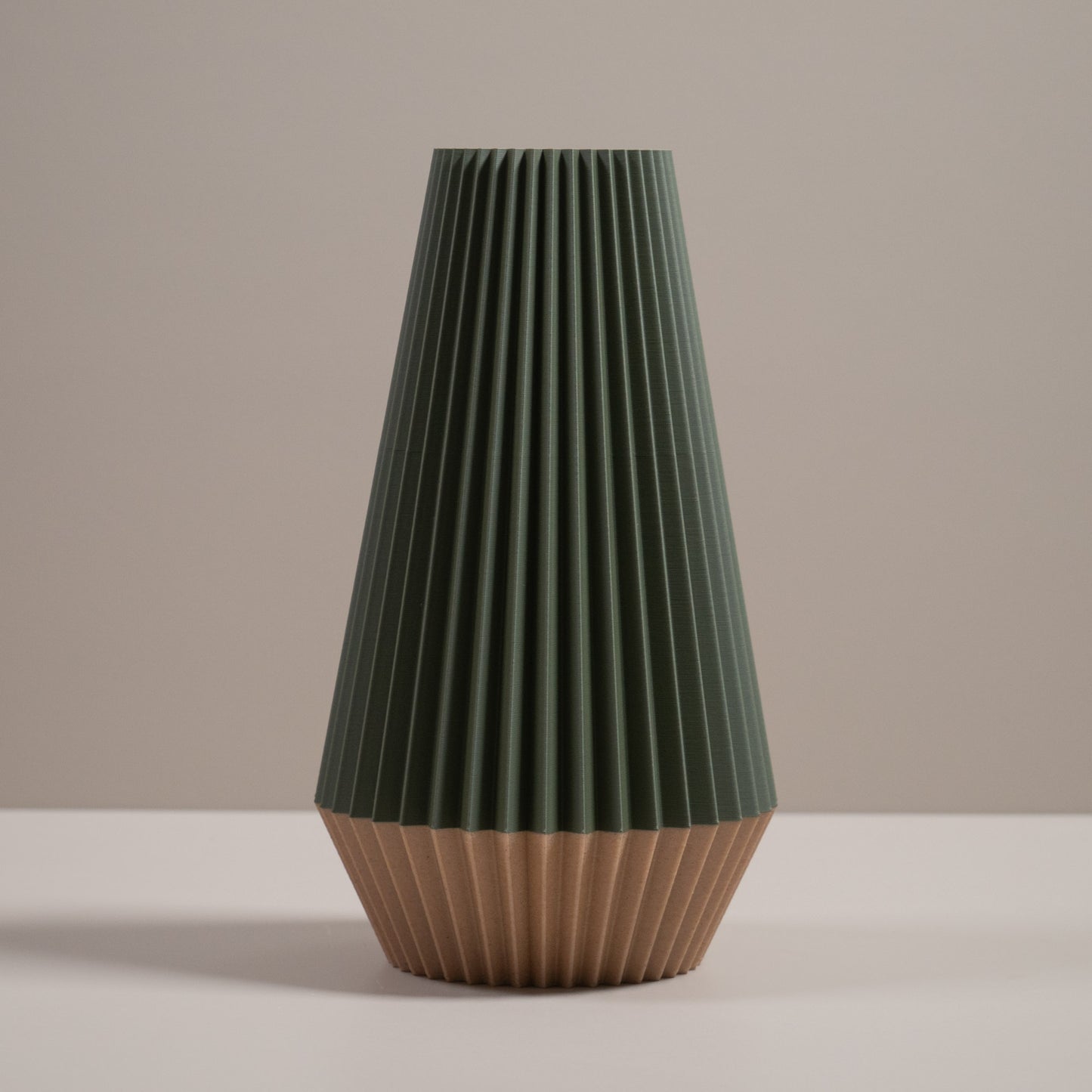 Ridged Vase in Green | Wood Effect Base | For Artificial Flowers - Eco Friendly Homeware