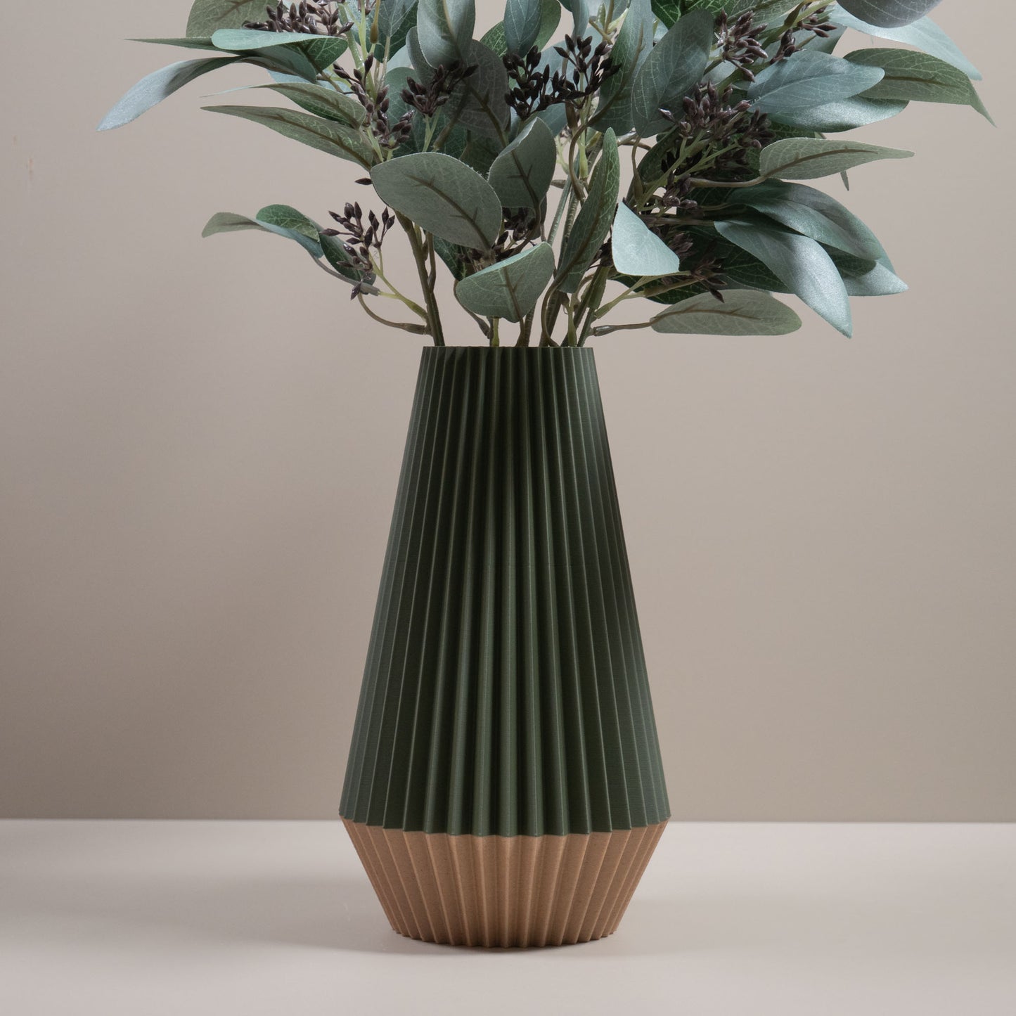 Ridged Vase in Green | Wood Effect Base | For Artificial Flowers - Eco Friendly Homeware