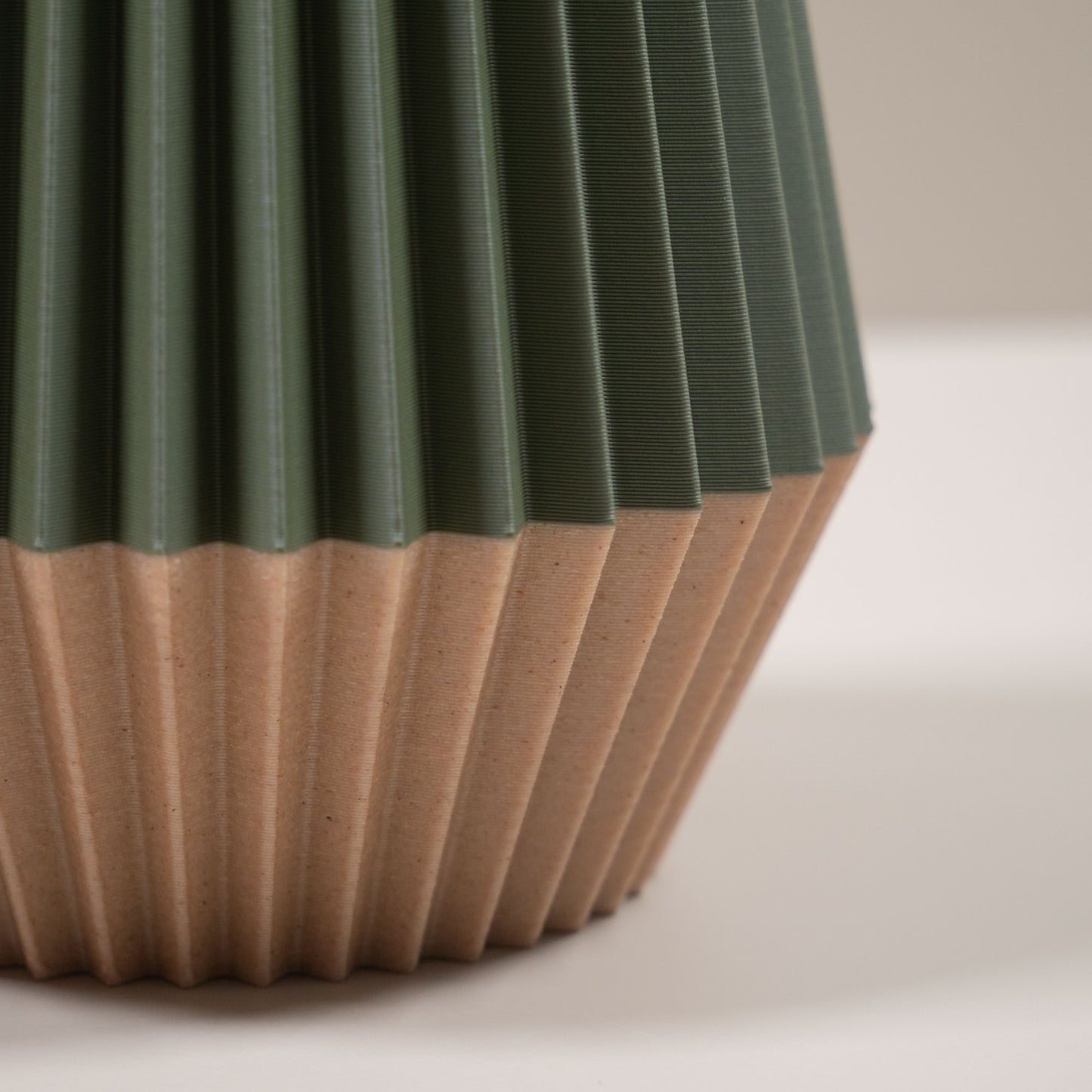 Ridged Vase in Green | Wood Effect Base | For Artificial Flowers - Eco Friendly Homeware