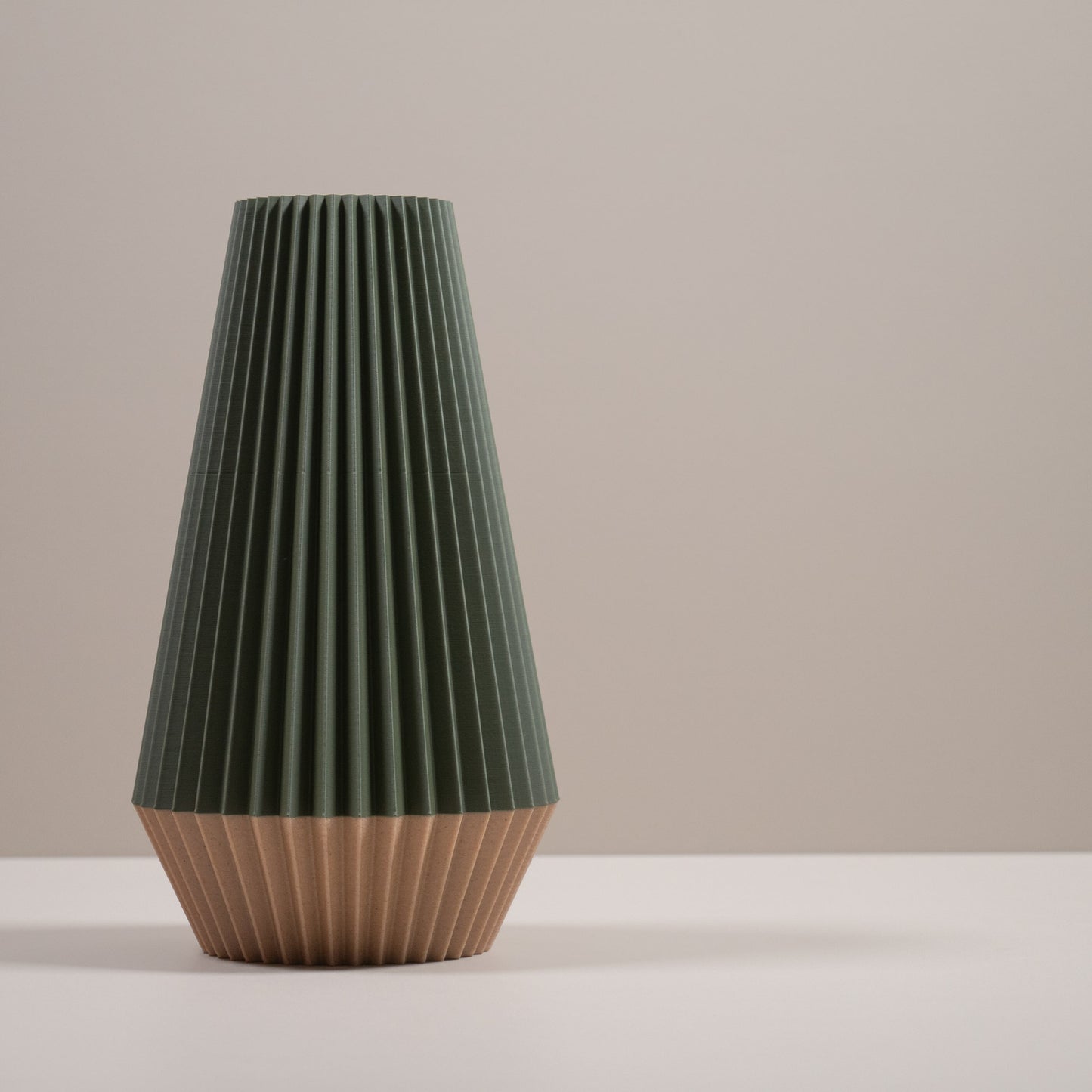 Ridged Vase in Green | Wood Effect Base | For Artificial Flowers - Eco Friendly Homeware