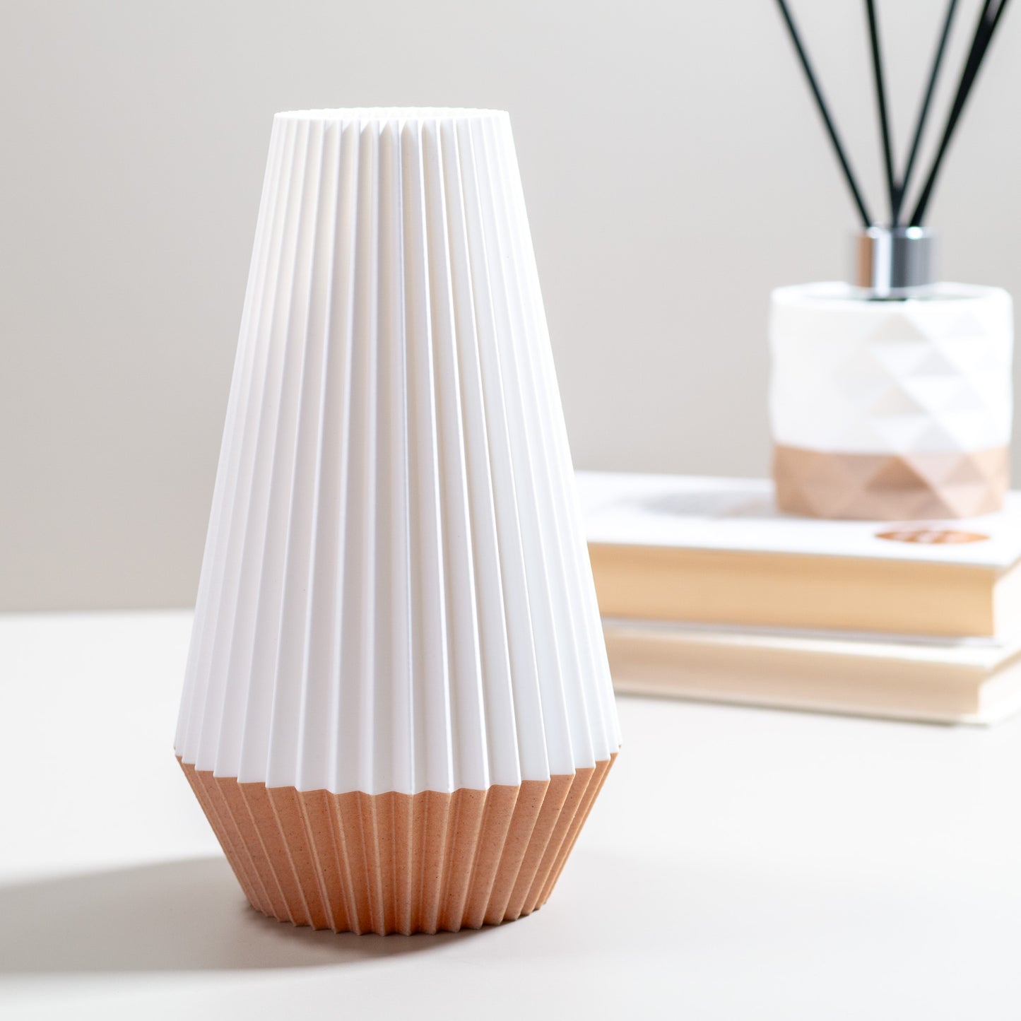 Ridged Vase in White | Wood Effect Base | For Artificial Flowers - Eco Friendly Homeware