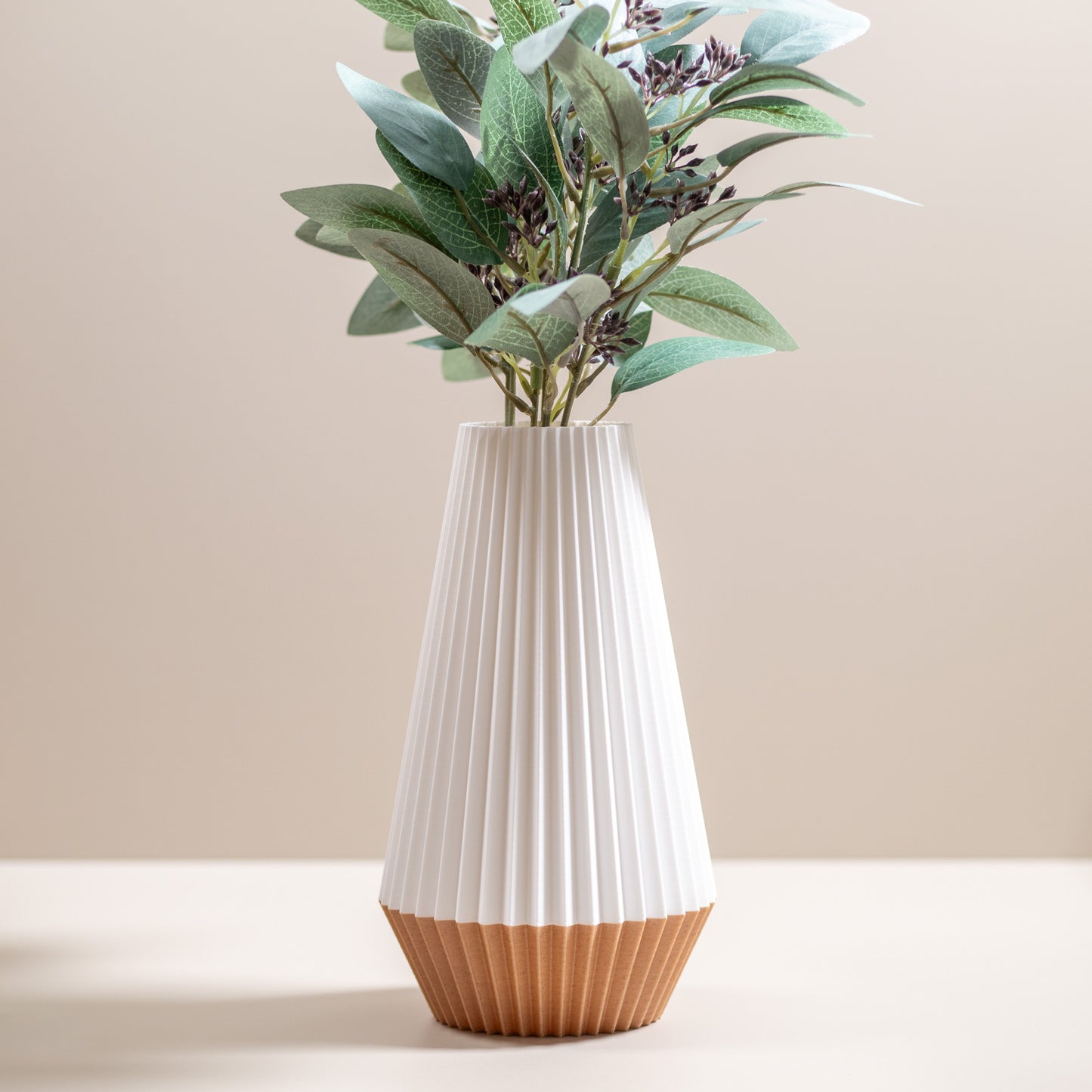Ridged Vase in White | Wood Effect Base | For Artificial Flowers - Eco Friendly Homeware
