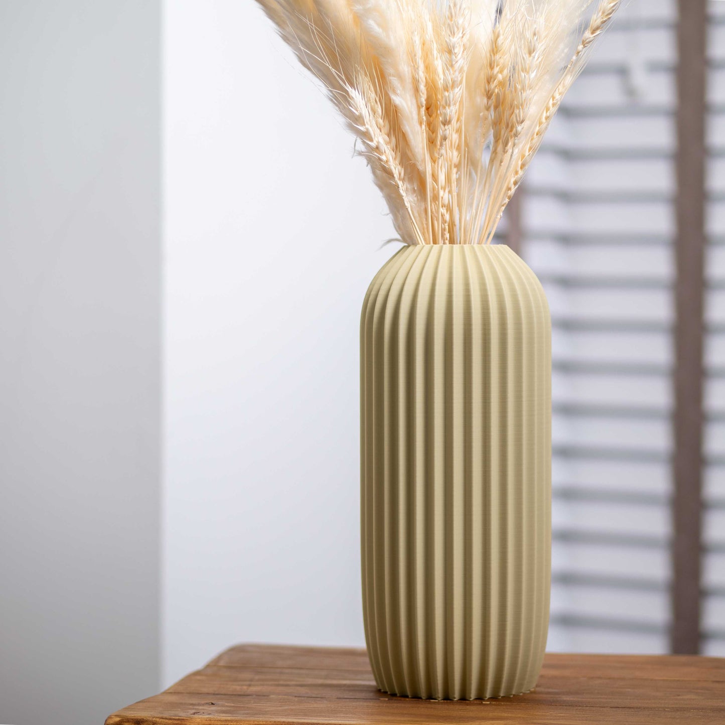 Sage Green Earth Tone Vase | Elegant Pleated Design Ornament for Pampas Grass & Dried Flowers