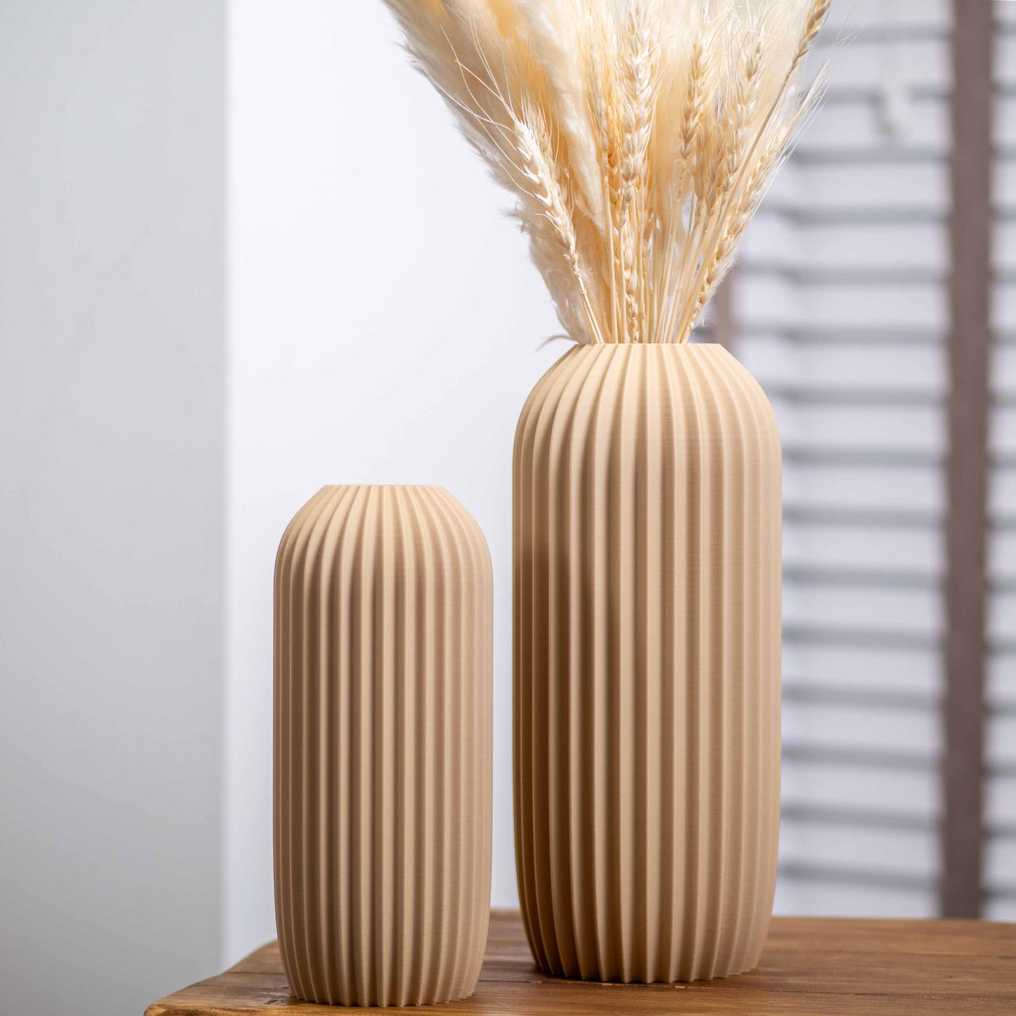 Beige Earth Tone Vase | Elegant Pleated Design Ornament for Pampas Grass & Dried Flowers