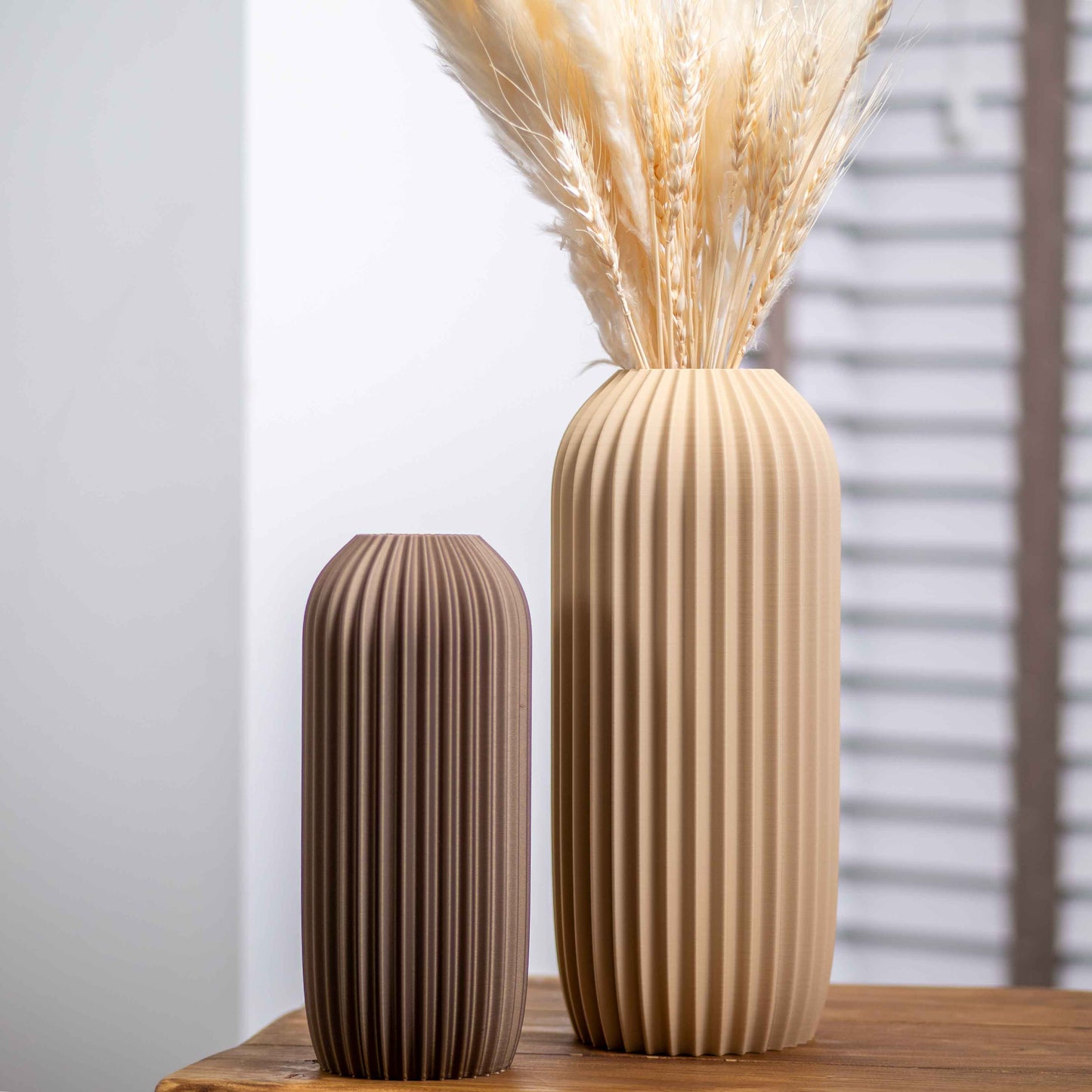 Beige Earth Tone Vase | Elegant Pleated Design Ornament for Pampas Grass & Dried Flowers