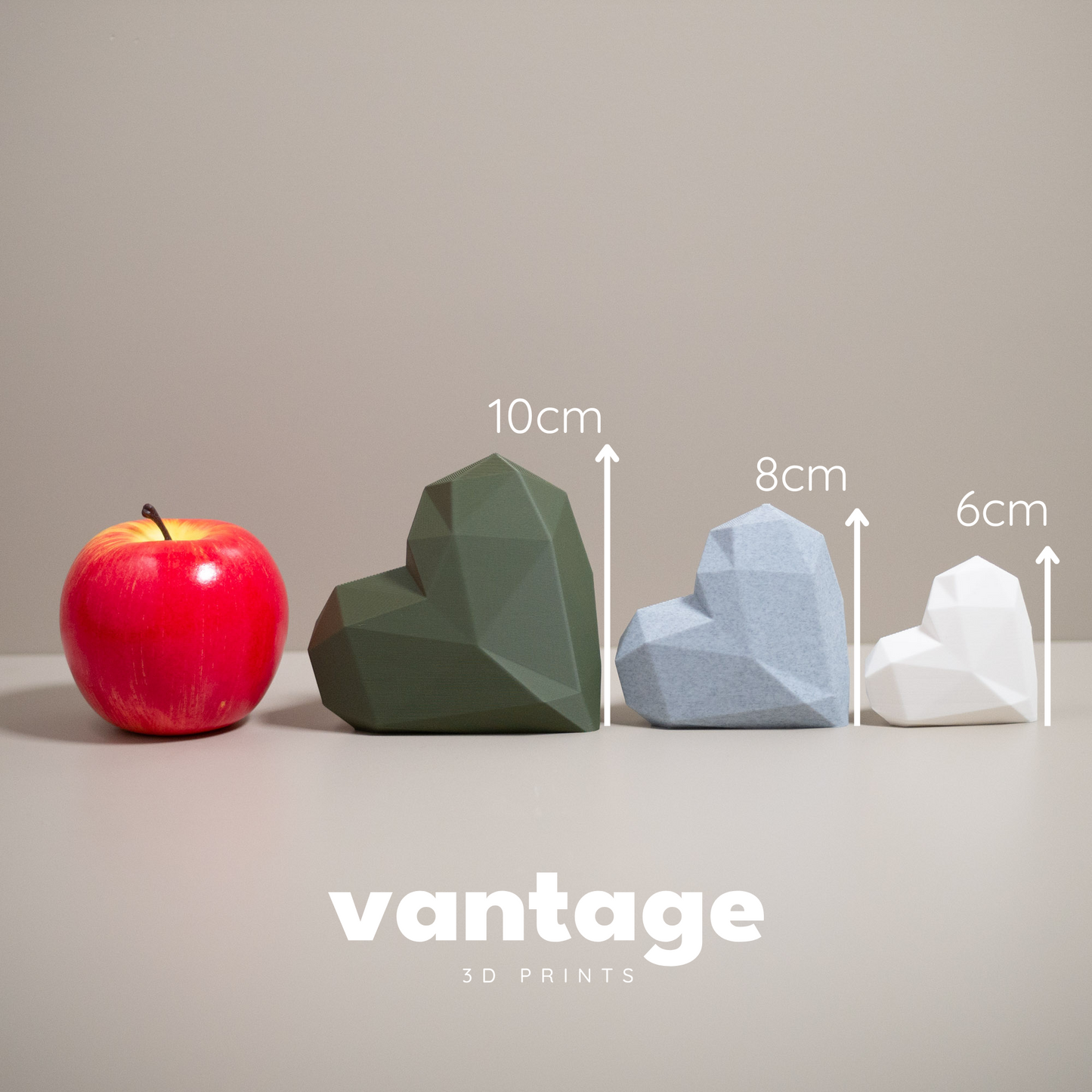 Geometric 3D Love Heart Ornaments - Olive Green, Stone Grey and White - Set of 3 Hearts