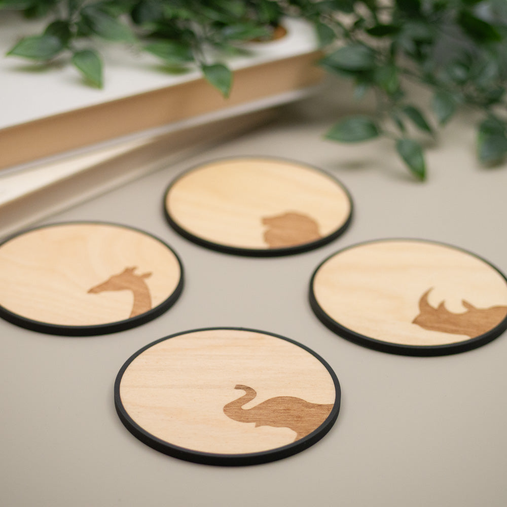 Safari Animal Coasters: Elephant, Giraffe, Lion & Rhino Wooden Coasters