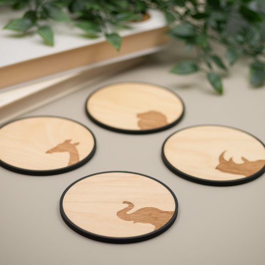 Safari Animal Coasters: Elephant, Giraffe, Lion & Rhino Wooden Coasters