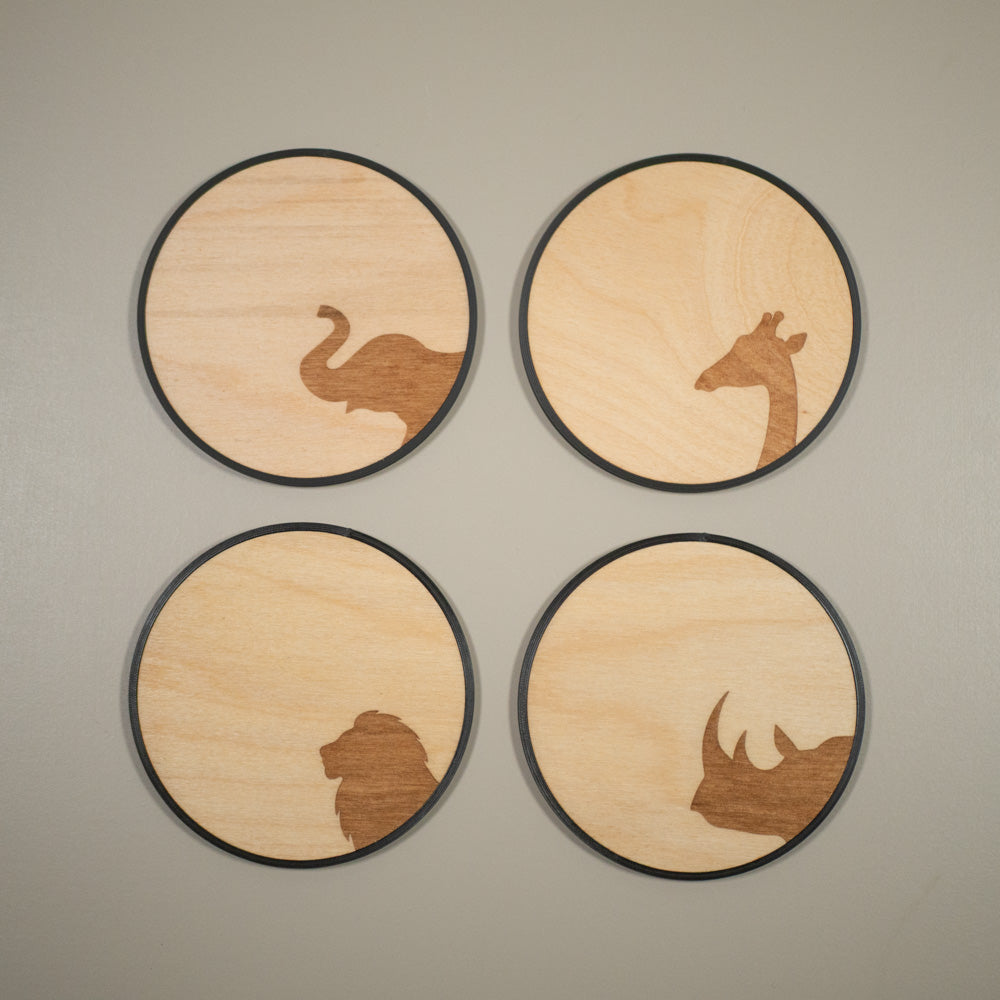 Safari Animal Coasters: Elephant, Giraffe, Lion & Rhino Wooden Coasters