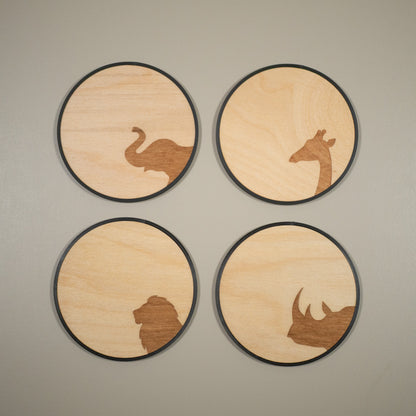 Safari Animal Coasters: Elephant, Giraffe, Lion & Rhino Wooden Coasters