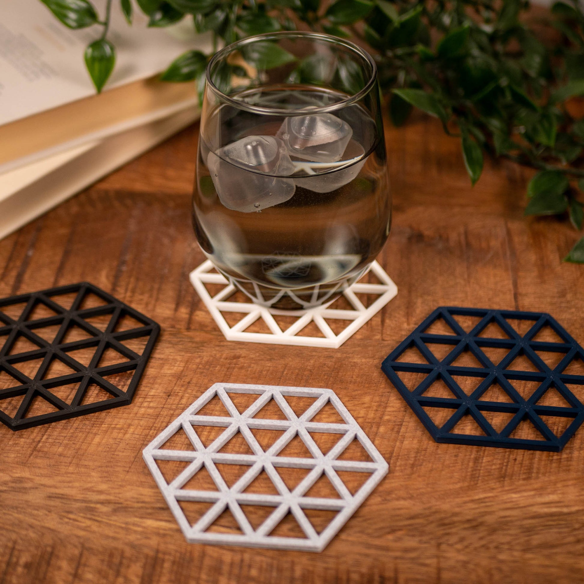 Geometric Triangle Pattern Coasters 4 or 8 pack - Navy Blue, Stone, Black and White - Vantage 3D Prints