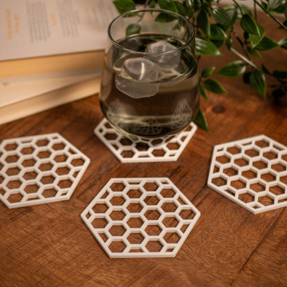 Geometric Honeycomb Pattern Coasters 4 or 8 pack - Navy Blue, Stone, Black and White - Vantage 3D Prints