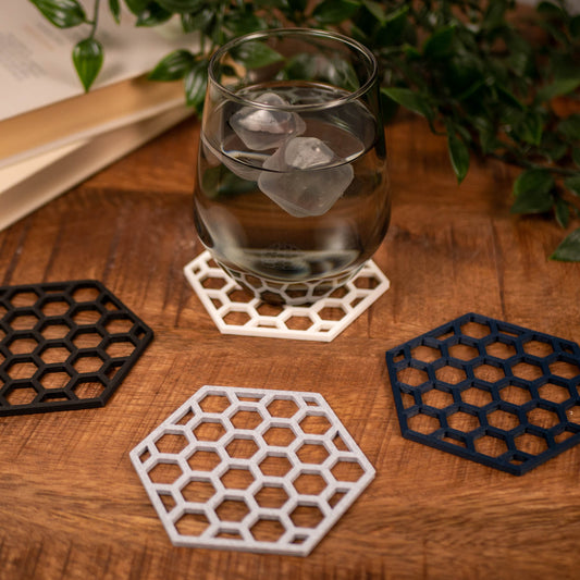 Geometric Honeycomb Pattern Coasters 4 or 8 pack - Navy Blue, Stone, Black and White - Vantage 3D Prints