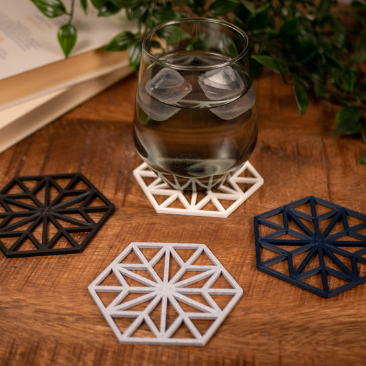 Geometric Star Pattern Coasters 4 or 8 pack - Navy Blue, Stone, Black and White - Vantage 3D Prints