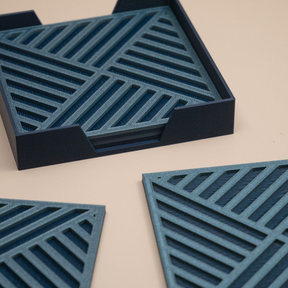 Teal Blue Geometric Coasters Diagonal Stripe Pattern