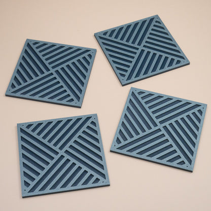 Teal Blue Geometric Coasters Diagonal Stripe Pattern