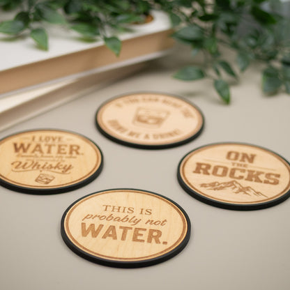 Alcoholic Drink Coaster: On The Rocks, Alcohol Puns, Whisky Love, Engraved Wood