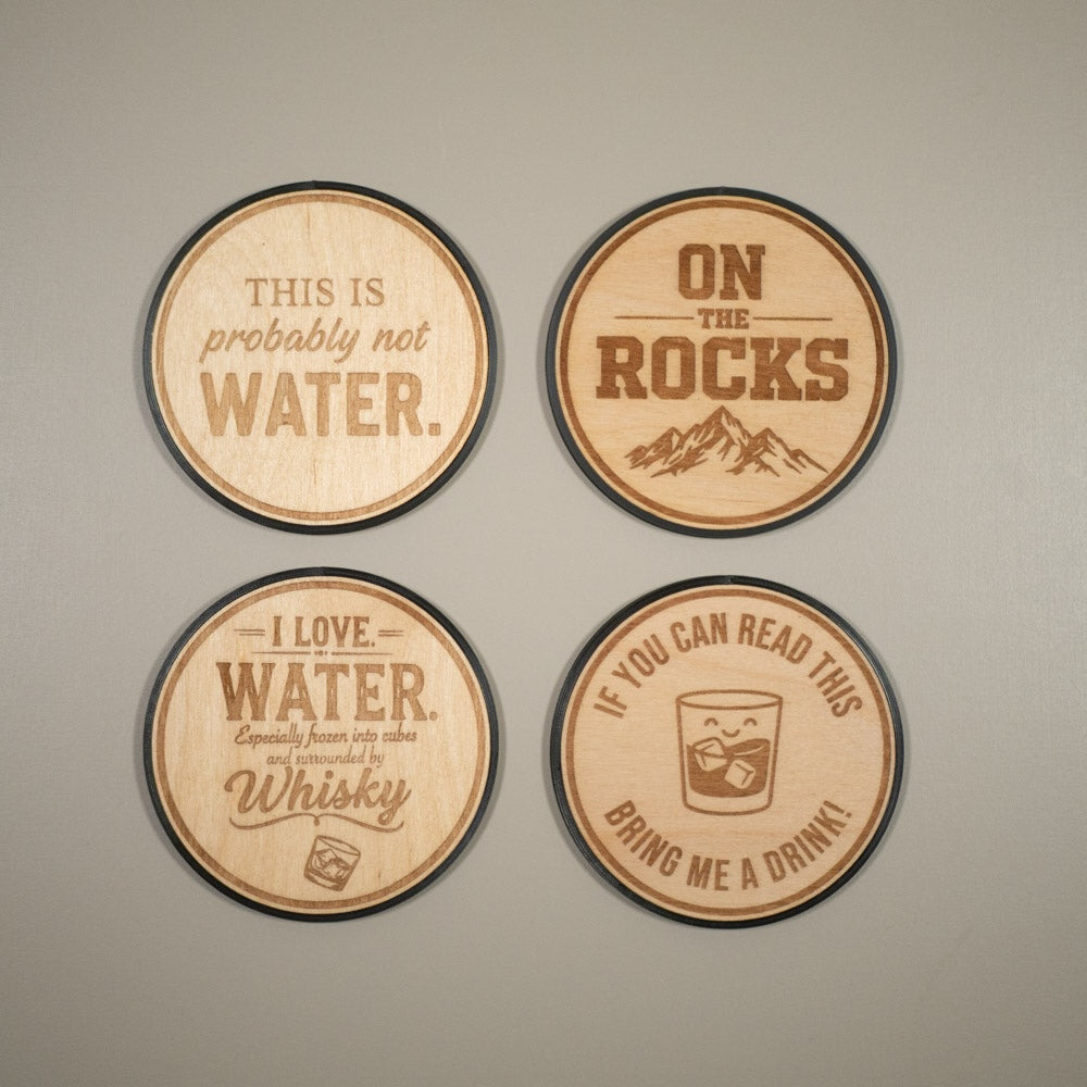 Alcoholic Drink Coaster: On The Rocks, Alcohol Puns, Whisky Love, Engraved Wood