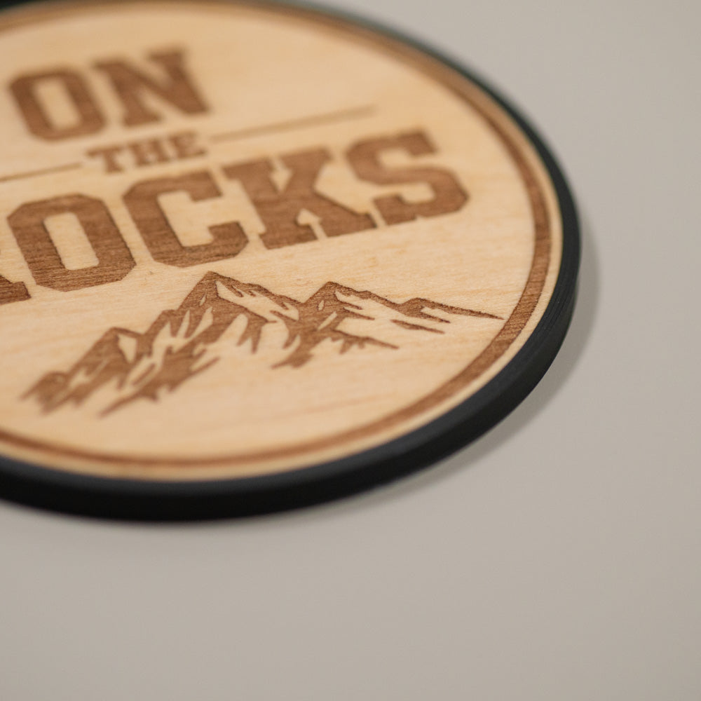 Alcoholic Drink Coaster: On The Rocks, Alcohol Puns, Whisky Love, Engraved Wood