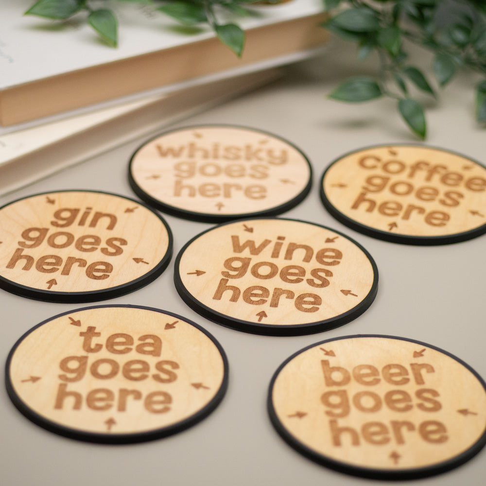 Drink Goes Here Wooden Coaster - Tea, Coffee, Gin, Wine, Beer & Whisky, Laser Engraved Coaster