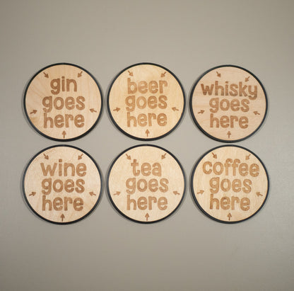 Drink Goes Here Wooden Coaster - Tea, Coffee, Gin, Wine, Beer & Whisky, Laser Engraved Coaster