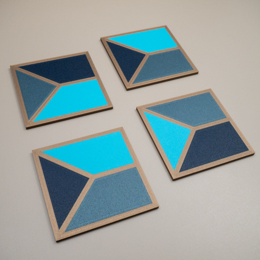 Blue Geometric Coasters - Teal, Navy, Aqua with Gold Border - Set of 4 or 8