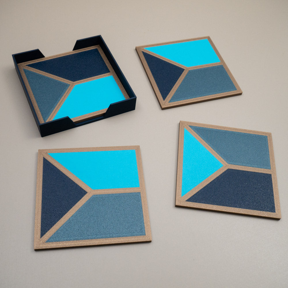 Blue Geometric Coasters - Teal, Navy, Aqua with Gold Border - Set of 4 or 8