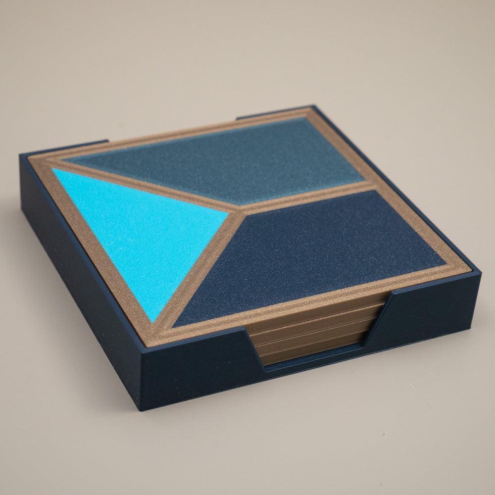 Blue Geometric Coasters - Teal, Navy, Aqua with Gold Border - Set of 4 or 8