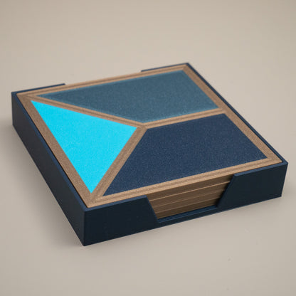 Blue Geometric Coasters - Teal, Navy, Aqua with Gold Border - Set of 4 or 8