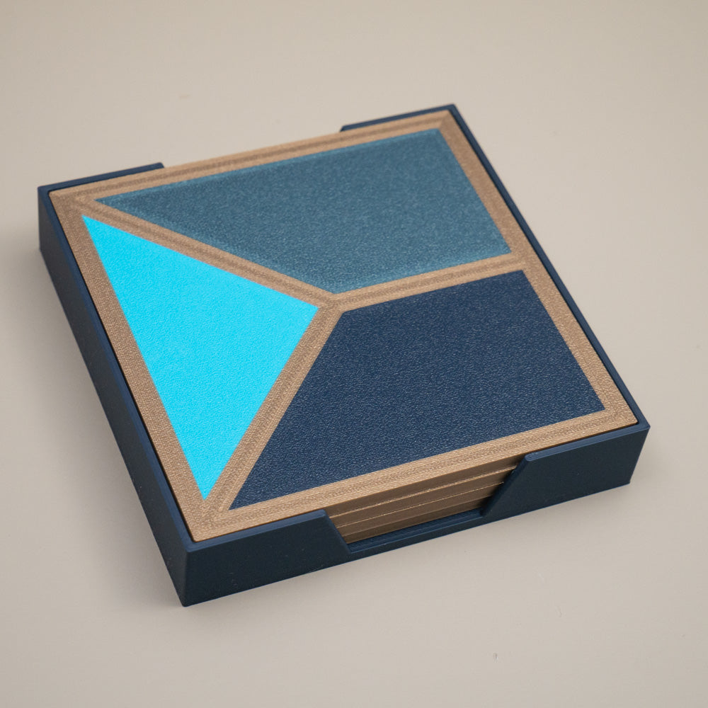 Blue Geometric Coasters - Teal, Navy, Aqua with Gold Border - Set of 4 or 8