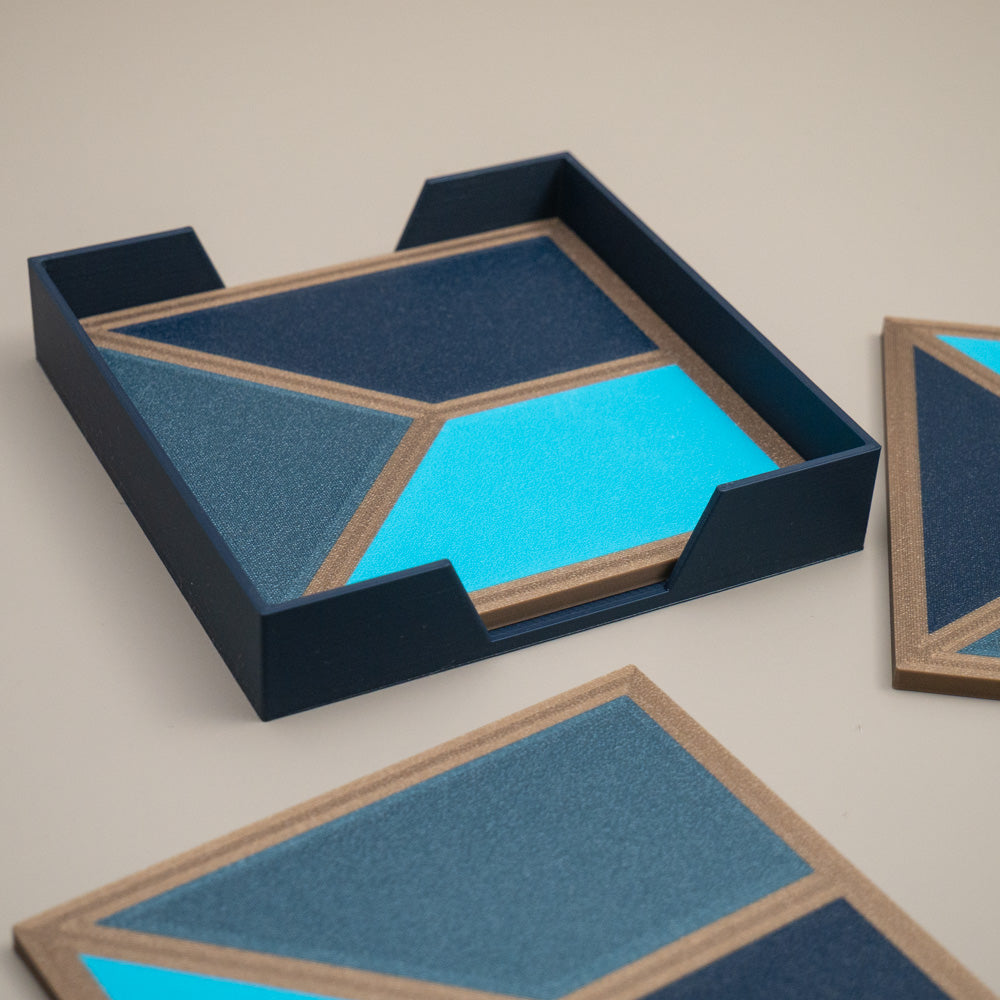 Blue Geometric Coasters - Teal, Navy, Aqua with Gold Border - Set of 4 or 8