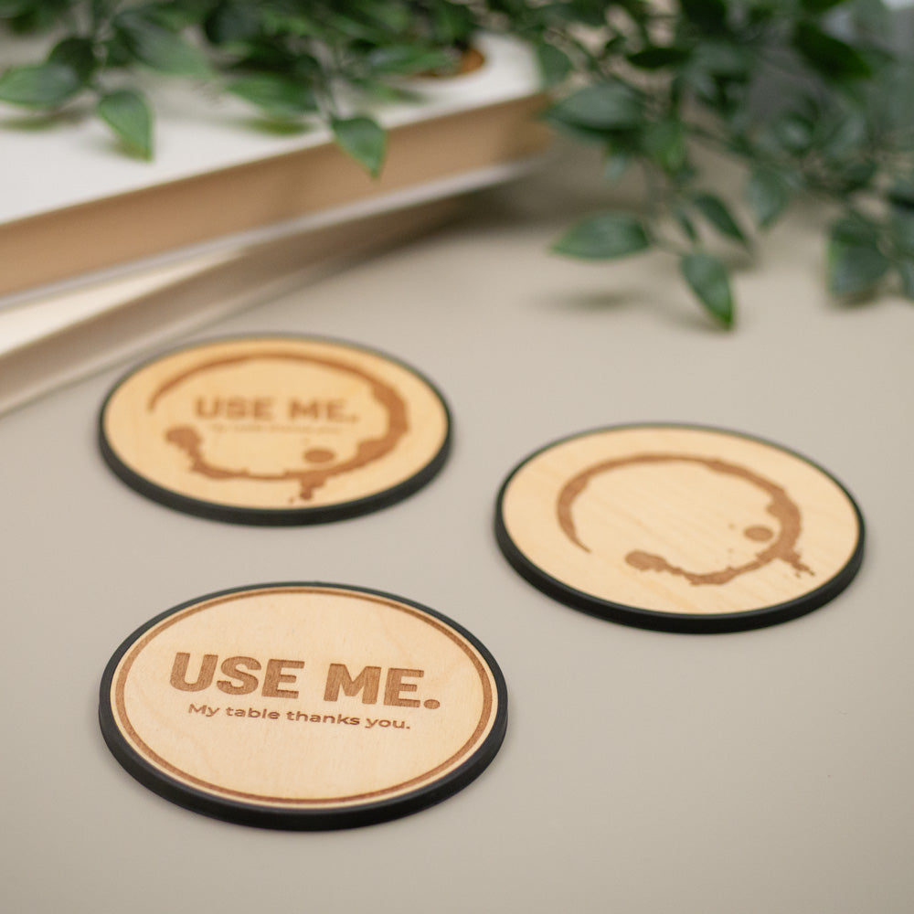 Coffee Stain Coaster: Fake Coffee Stain, Engraved Wooden Coaster